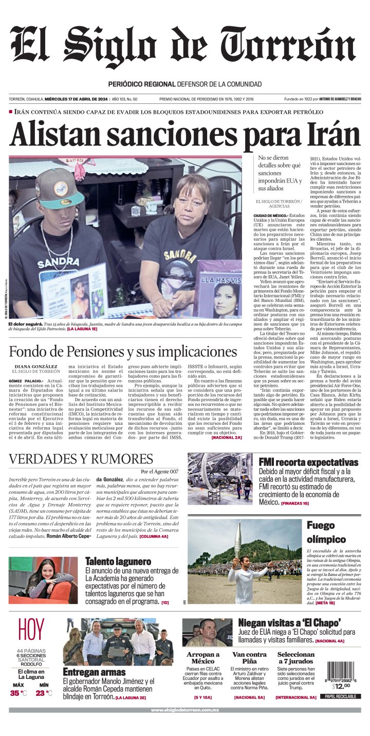 Edición impresa de El Siglo de Torreón, miércoles  1 de mayo de 2024